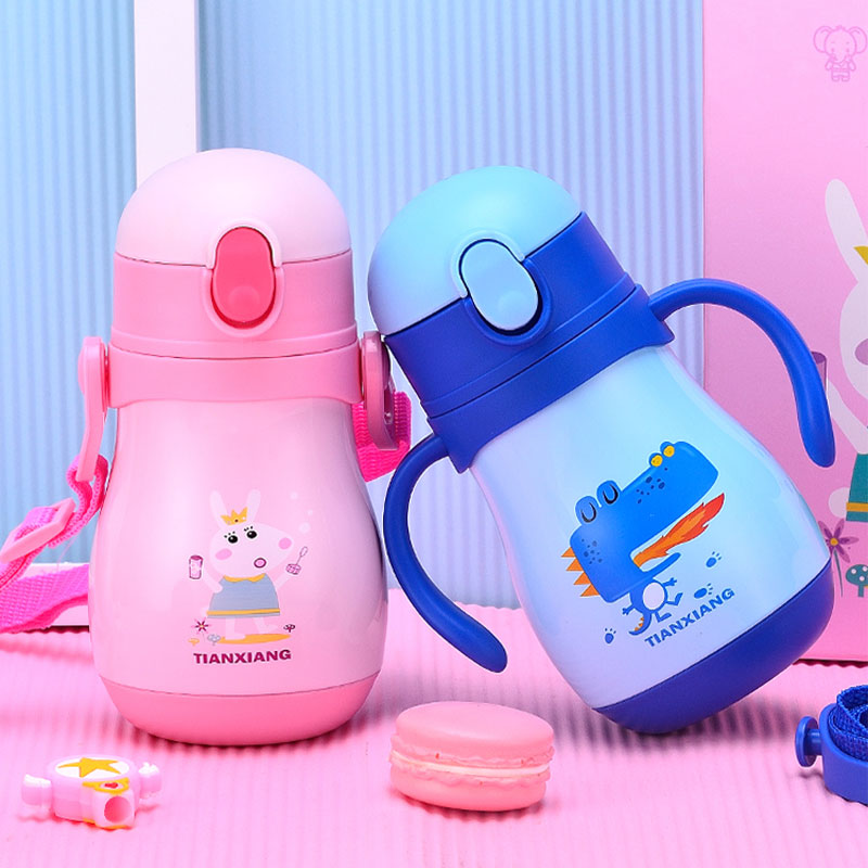 Botella de agua de acero inoxidable de doble pared con aislamiento de 280 ml para niños, tapa y asa de paja